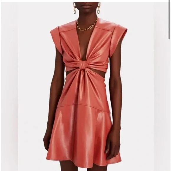 A.L.C Lexi orange or brown vegan leather v neck cutout mini dress - Picture 1 of 12